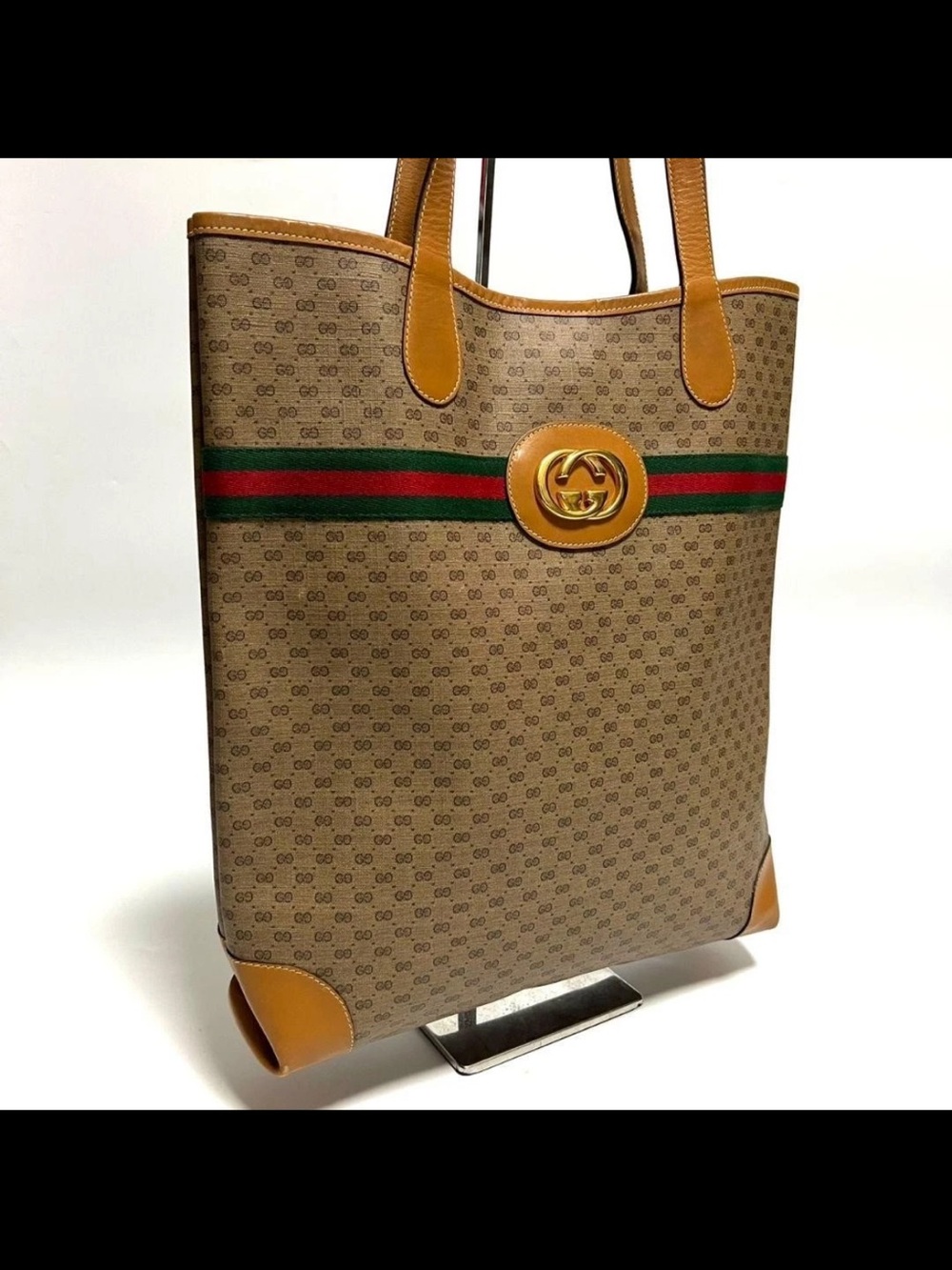 Gucci Beige Brown GG Canvas Tote with Green-Red Web Stripe - Picture 1 of 14